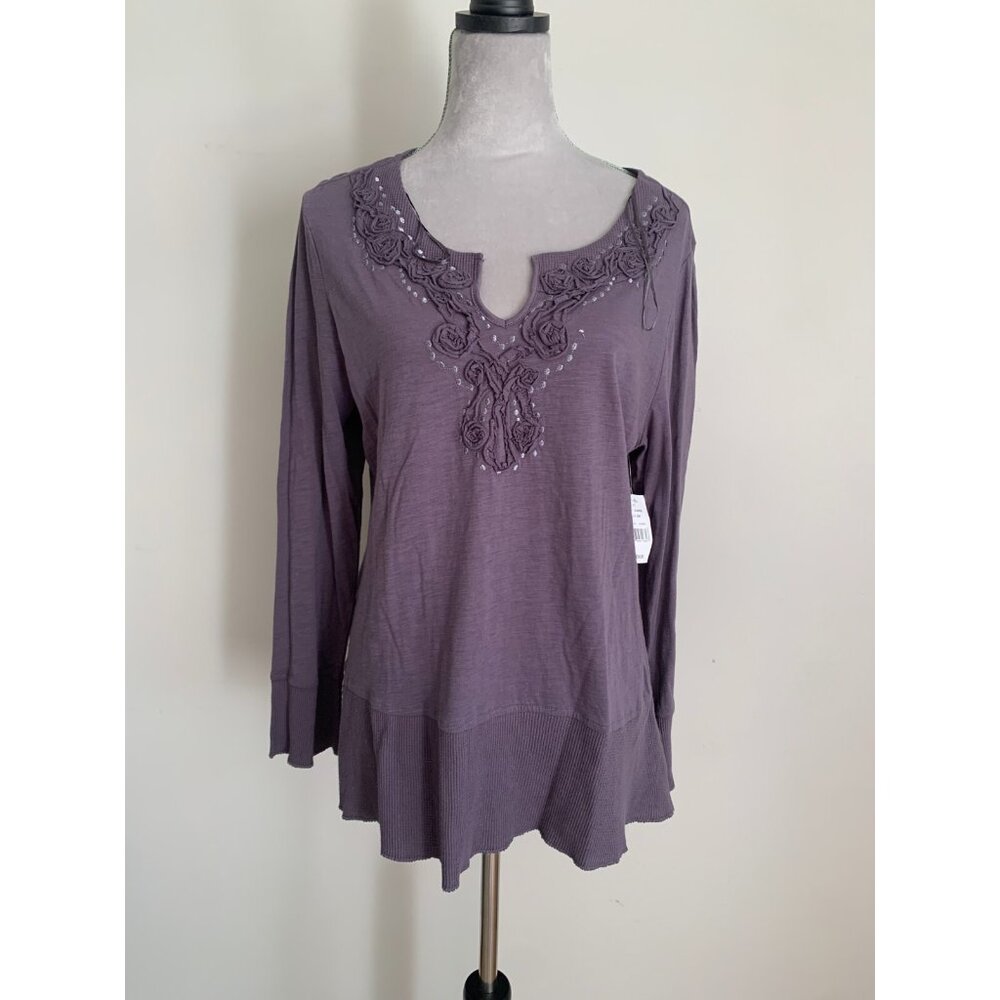 NEW Symmetry Women's Top Embroidered Neckline Size XL Gray 3/4 Sleeve Boho